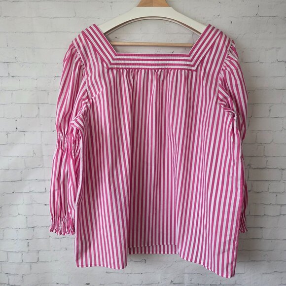 Pioneer Woman Top Plus Size 1X Pink White Striped Square Neck Smocked Sleeve - Picture 5 of 7